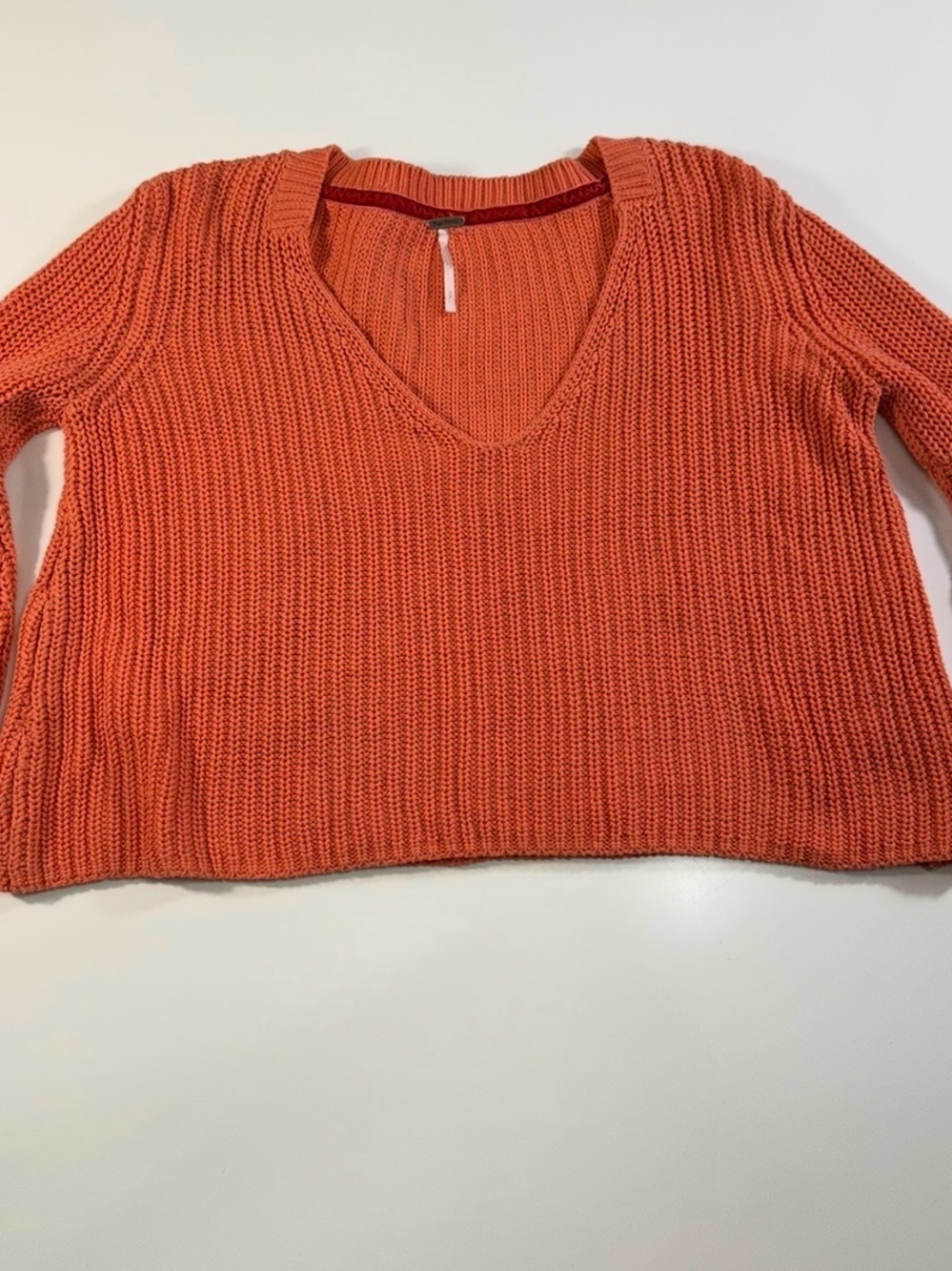 Free People 100% Cotton Coral V-Neck Bell Sleeve Sweater - Picture 2 of 7